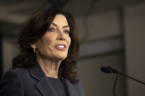 FILE - New York Gov. Kathy Hochul addresses the media during a news conference, March. 13, 2023, in New York. On Saturday, Dec. 23, Hochul vetoed a bill that would have made it easier for people who have pleaded guilty to crimes to challenge their convictions, a measure that was favored by criminal justice reformers but fiercely opposed by prosecutors. (AP Photo/Yuki Iwamura, File)