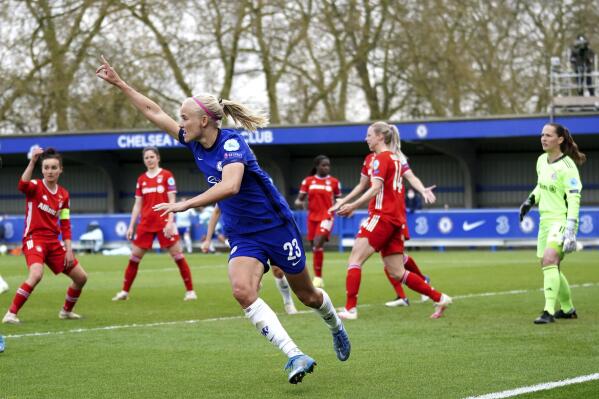 Chelsea's Pernille Harder celebrates scoring their side's third goal of the game during their UEFA Women's Champions League semi final, second leg soccer match against Bayern Munich at Kingsmeadow in London, Sunday May 2, 2021. (John Walton/PA via AP)