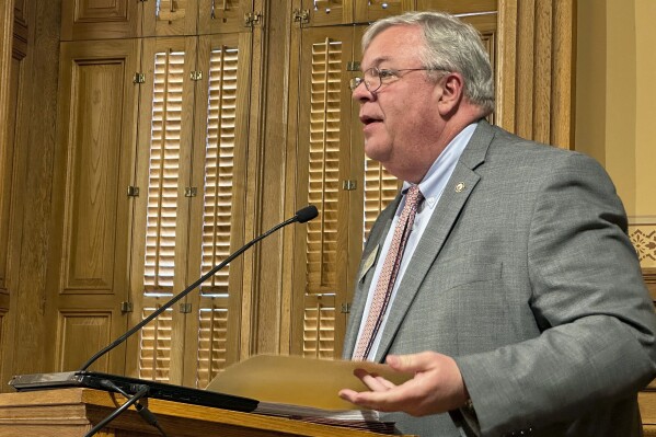 FILE - Georgia House Appropriations Committee Chairman Matt Hatchett, R-Dublin, speaks during a committee meeting on Feb. 6, 2024, at the Georgia Capitol in Atlanta. House members on Thursday, March 7, 2024 approved a budget for the year beginning July 1 that would provide pay raises for public school teachers and state and university employees. (AP Photo/Jeff Amy, file)