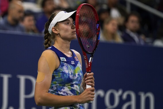 Elena Rybakina, of Kazakhstan, reacts during a match against Sorana Cirstea, of Romania, during the third round of the U.S. Open tennis championships, Friday, Sept. 1, 2023, in New York. (AP Photo/Charles Krupa)