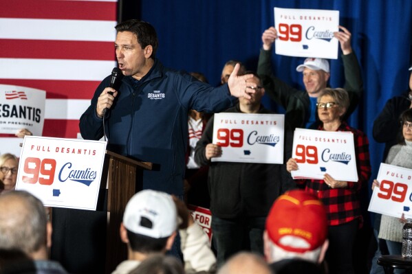 Republican presidential candidate and Florida Gov. Ron DeSantis speaks during the final event of a 99-county tour of Iowa, Saturday, Dec. 2, 2023, in Newton. (Lily Smith/The Des Moines Register via AP)