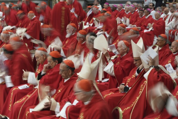 Cardinals attend a mass on the third of nine days of mourning for late Pope Francis, in St. Peter's Basilica at the Vatican, Monday, April 28, 2025. (AP Photo/Andrew Medichini)