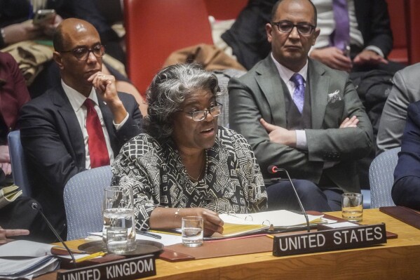 FILE- U.S. United Nations Ambassador Linda Thomas-Greenfield, center, addresses a meeting of the United Nations Security Council on the war in Gaza, on March 11, 2024, at U.N. headquarters. The United Nations Security Council is set to vote on a United States-sponsored resolution declaring that 