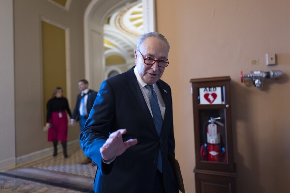 Senate Majority Leader Chuck Schumer, D-N.Y., arrives to join fellow Democrats for a caucus leadership election, at the Capitol in Washington, Tuesday, Dec. 3, 2024. (AP Photo/J. Scott Applewhite)
