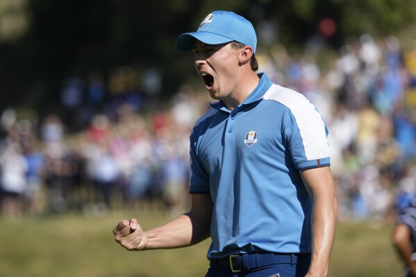 Europe's Matt Fitzpatrick celebrates on the 5th green during his afternoon Fourballs match at the Ryder Cup golf tournament at the Marco Simone Golf Club in Guidonia Montecelio, Italy, Friday, Sept. 29, 2023. (AP Photo/Andrew Medichini)