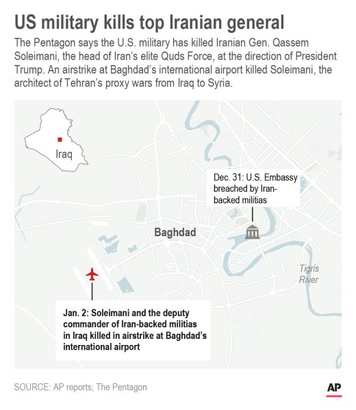 Map shows airstrikes on U.S. embassy and airport in Baghdad; 2c x 4 inches; 96.3 mm x 101 mm;