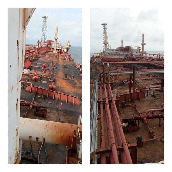 This combination of photos provided by Pius Orofin, a deck operator aboard the Trinity Spirit oil ship, shows rusted areas of the ship moored 15 miles off the coast of Nigeria, in November 2021. The ship, used to store and refine large quantities of oil extracted from the ocean floor, caught fire on Feb. 2, 2022. The three survivors of the Trinity Spirit's explosion - Orofin, Patrick Aganyebi and Lawrence Yorgolo - told the AP of the lack of safety procedures on the ship and of equipment failures. (Pius Orofin via AP)