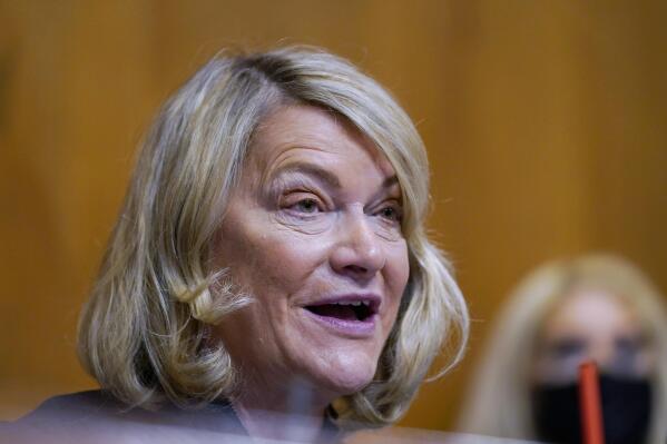 FILE - Sen. Cynthia Lummis, R-Wyo., speaks during a Senate Environment and Public Works subcommittee hearing, Tuesday, April 5, 2022, on Capitol Hill in Washington. Lummis apologized Monday, May 16, 2022, after getting booed and heckled for remarks she made on sexual identity during a University of Wyoming graduation speech. (AP Photo/Mariam Zuhai, File)