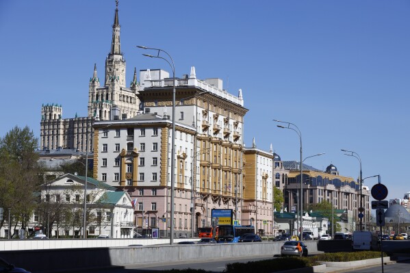 FILE - The U.S. Embassy, centre, is seen in Moscow, Russia, Tuesday, May 11, 2021. Russia's Foreign Ministry on Thursday, Sept. 14, 2023 declared two U.S. diplomats "persona non grata" and ordered them to leave the country within seven days as they were allegedly involved in "illegal activity." (AP Photo/Alexander Zemlianichenko, File)
