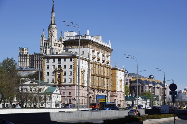 FILE - The U.S. Embassy, centre, is seen in Moscow, Russia, Tuesday, May 11, 2021. Russia's Foreign Ministry on Thursday, Sept. 14, 2023 declared two U.S. diplomats 