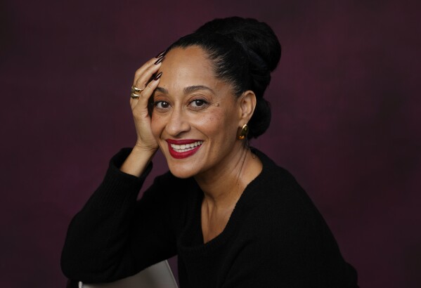Tracee Ellis Ross, a cast member in the film "Candy Cane Lane," poses for a portrait at the Four Seasons Hotel, Wednesday, Nov. 29, 2023, in Los Angeles. (AP Photo/Chris Pizzello)