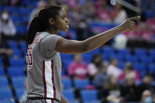Washington State center Bella Murekatete (55) reacts after making a shot during the first half of an NCAA college basketball game against UCLA in Los Angeles, Thursday, Feb. 23, 2023. (AP Photo/Ashley Landis)