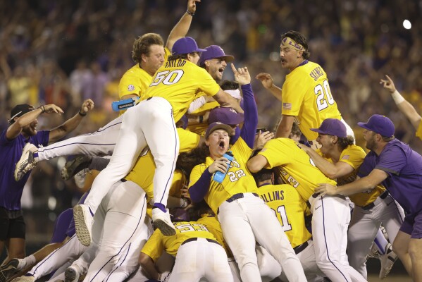 LSU celebrates after defeating Florida in Game 3 of the NCAA College World Series baseball finals in Omaha, Neb., Monday, June 26, 2023. LSU won the national championship 18-4. (AP Photo/Rebecca S. Gratz)