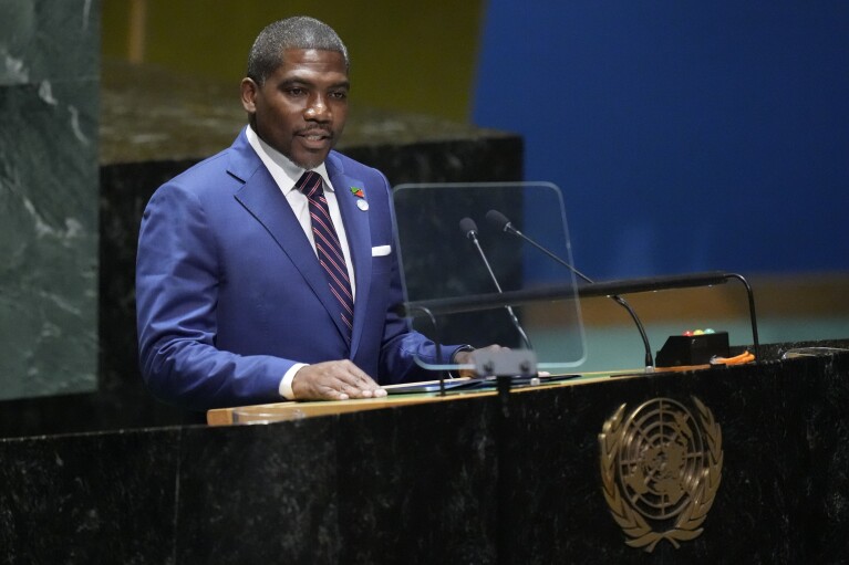 Saint Kitts and Nevis Prime Minister Terrance Micheal Drew addresses the 78th session of the United Nations General Assembly, Saturday, Sept. 23, 2023 at United Nations headquarters. (AP Photo/Mary Altaffer)