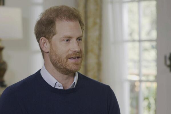 This undated screengrab issued by ITV on Friday Jan. 6, 2023 shows Britain's Prince Harry speaking during an interview with ITV's Tom Bradby for the programme Harry: The Interview. (Harry: The Interview on ITV1 and ITVX at 9pm on January 8/PA via AP)