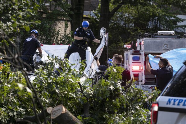 New York City Police and Parks employees work to remove a person who died when a tree fell on a van as Tropical Storm Isaias moved past New York Tuesday, Aug. 4, 2020, in New York. (AP Photo/Frank Franklin II)
