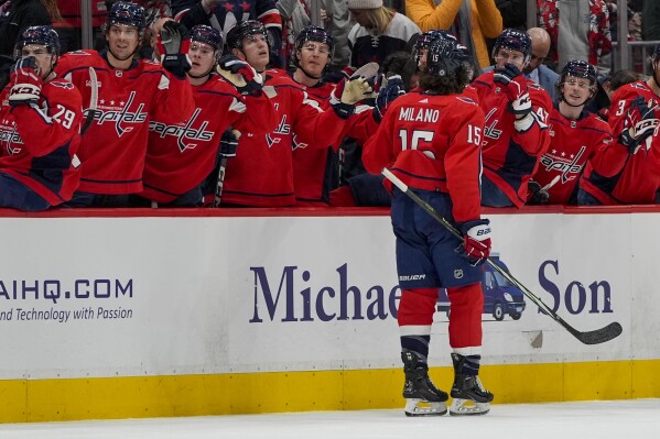 Washington Capitals left wing Sonny Milano (15) celebrates after his goal with teammates in the first period of an NHL hockey game against the Carolina Hurricanes, Friday, March 22, 2024, in Washington. (AP Photo/Alex Brandon)
