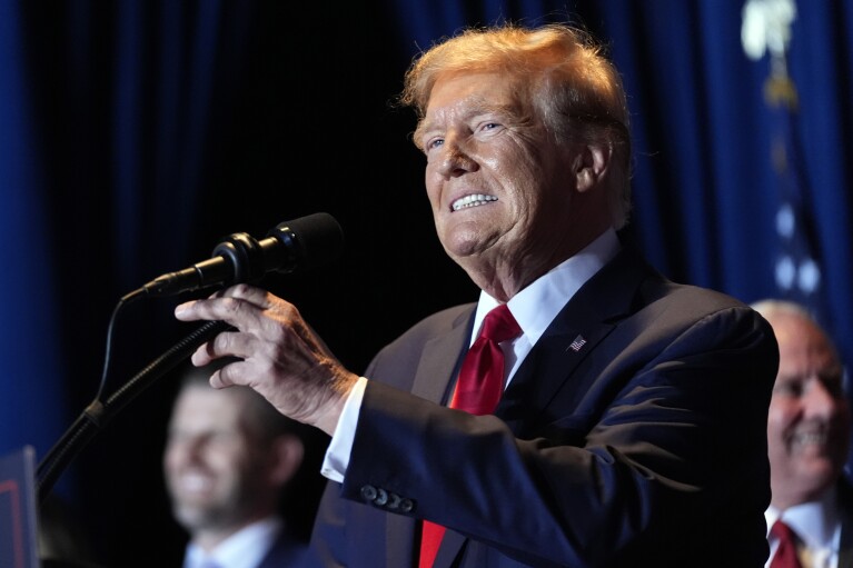 Republican presidential candidate former President Donald Trump speaks at a primary election night party at the South Carolina State Fairgrounds on Saturday, Feb. 24, 2024, in Columbia, SC.  (AP Photo/Andrew Harnik)