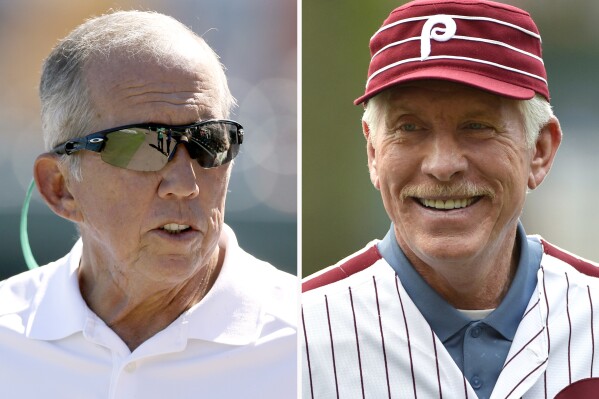 This combination photo shows former Washington Nationals manager Davey Johnson, left, before a spring training exhibition baseball game in Lakeland, Fla., March 17, 2015 and former Philadelphia Phillies third baseman Mike Schmidt, right, before a baseball game on June 5, 2016, in Philadelphia. The Contemporary Baseball Era committee is set to evaluate Hall of Fame cases for eight people, including four former managers. Hall of Fame slugger Mike Schmidt believes Dave Johnson deserves a spot in Cooperstown. (AP Photo)