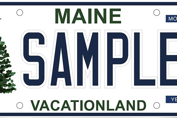 This image provided by the Maine Secretary of State鈥檚 Office shows Maine鈥檚 new license plate which is being unveiled Monday, Feb. 26, 2024 and gives a nod to the state鈥檚 first official flag with a simple pine tree and star. (Maine Secretary of State鈥檚 Office via AP)