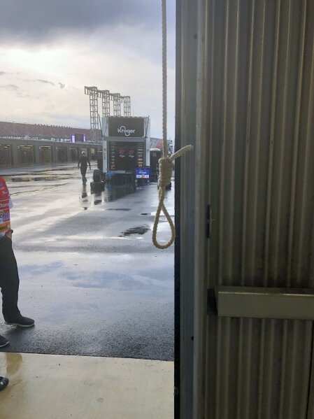 This photo provided by NASCAR shows the noose found in the garage stall of Black driver Bubba Wallace at Talladega Superspeedway in Talladega, Ala., on Sunday, June 21, 2020. The discovery prompted a federal investigation that determined the rope had been there since at least last October. (NASCAR via AP)