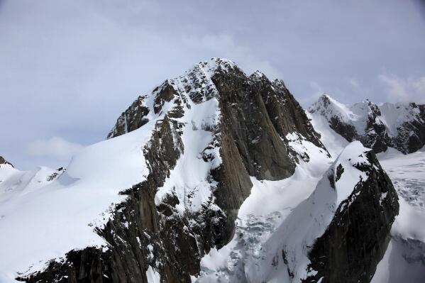 This undated photo provided by the National Park Service show the West Ridge climbing route of Moose's Tooth, a 10,300-foot peak in Denali National Park where officials are looking for two climbers. The two climbers missing in Alaska likely triggered a small avalanche while climbing and fell, coming to rest in a heavily crevassed glacier at the bottom of the slide path, officials said Tuesday, May 9, 2023. (National Park Service via AP)