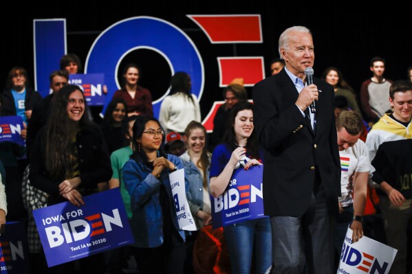 FILE - Democratic presidential candidate former Vice President Joe Biden speaks during a campaign event on Jan. 27, 2020, in Iowa City, Iowa. The oldest president in American history, Joe Biden would be 86 by the end of his second term, should he win one. He’ll nonetheless need young voters to back him next year as solidly as those under 30 did in 2020, when they supported Biden over his predecessor, Donald Trump, by a 61% to 36% margin, according to AP VoteCast. (AP Photo/Matt Rourke, File)