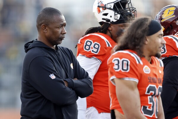 FILE -Las Vegas Raiders Defensive Coordinator Patrick Graham during the first half of the Senior Bowl NCAA college football game Saturday, Feb. 4, 2023, in Mobile, Ala. Las Vegas Raiders defensive coordinator Patrick Graham was having his job security openly questioned last season. This season, the defense is often contributing to victories. (AP Photo/Butch Dill, File)