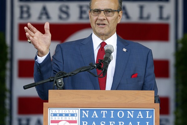 FILE - National Baseball Hall of Fame inductee Joe Torre speaks during an induction ceremony at the Clark Sports Center, July 27, 2014, in Cooperstown, N.Y. Torre was elected vice chairman of baseball’s Hall of Fame, Monday, March 11, 2024. The 83-year-old was elected to the Hall in 2014 and joined the board in 2023. (AP Photo/Mike Groll, File)