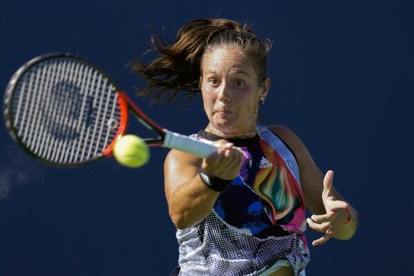 Daria Kasatkina, of Russia, hits a forehand to Shelby Rogers, of the United States, during the singles final at the Mubadala Silicon Valley Classic tennis tournament in San Jose, Calif., Sunday, Aug. 7, 2022. (AP Photo/Godofredo A. Vásquez)