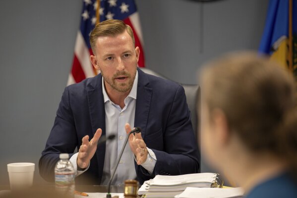FILE - State Superintendent Ryan Walters speaks to members of the State Board of Education during a meeting on Thursday, Aug. 24, 2023, in Oklahoma City, Okla. (Daniel Shular/Tulsa World via AP, File)