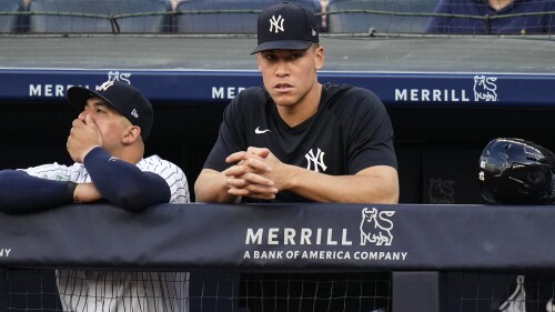 New York Yankees' Aaron Judge watches during the first inning of a baseball game against the Baltimore Orioles, Monday, July 3, 2023, in New York. (AP Photo/Frank Franklin II)