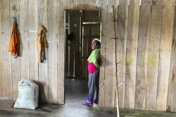 Maria de Fatima da Costa, mother of Amarildo da Costa de Oliveira, who confessed to the killings of Bruno Pereira and Dom Phillips, stands in the doorway of Amarildo's home in the Sao Gabriel community, Amazonas state, Brazil, March 1, 2023. Da Costa is also the mother of Oseney da Costa de Oliveira, also arrested and accused of the killings of Pereira, an expert on Indigenous communities and Phillips, a British journalist. (AP Photo/Fabiano Maisonnave)