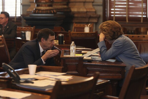 Kansas state Sen. Dennis Pyle, left, R-Hiawatha, confers with Sen. Brenda Dietrich, R-Topeka, during the Senate session, Friday, April 5, 2024, at the Statehouse in Topeka, Kan. Pyle supports a bill to make it a crime to coerce someone into having an abortion, while Dietrich passed the last time senators considered it. (AP Photo/John Hanna)