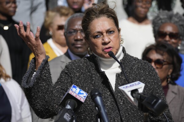 Oleta Fitzgerald, Director of the Children's Defense Fund's Southern Regional Office, speaks about her concerns about the state's Broadband Expansion and Accessibility of Mississippi (BEAM) initiative and whether it will adequately provide quality and affordable broadband to the underserved communities statewide at a news conference at the Mississippi Capitol in Jackson, Miss., Monday, Feb. 5, 2024. Representatives from over 10 statewide organizations shared their concerns to media. (AP Photo/Rogelio V. Solis)