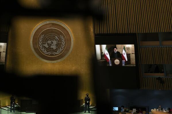 Iran's President President Ebrahim Raisi remotely addresses the 76th session of the United Nations General Assembly in a pre-recorded message, Tuesday, Sept. 21, 2021 at UN headquarters. (Eduardo Munoz/Pool Photo via AP)
