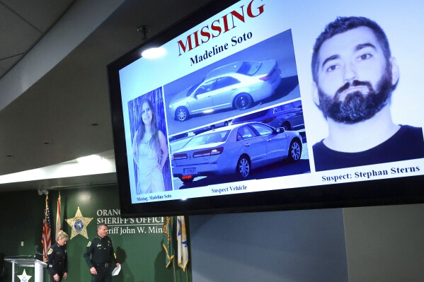 A missing persons flyer for 13-year-old Madeline Soto and primary suspect Stephan Sterns, far right, on display as Orange County Sheriff John Mina and Kissimmee Police Chief Betty Holland depart from a press conference at OCSO headquarters in Orlando, Friday, March 1, 2024, after announcing that their investigation has led them to believe that Soto was killed by Sterns. (Joe Burbank/Orlando Sentinel via 麻豆传媒app)