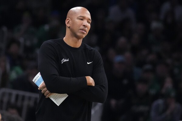 Detroit Pistons head coach Monty Williams watches his players during the first half of an NBA basketball game against the Boston Celtics, Thursday, Dec. 28, 2023, in Boston. (AP Photo/Charles Krupa)