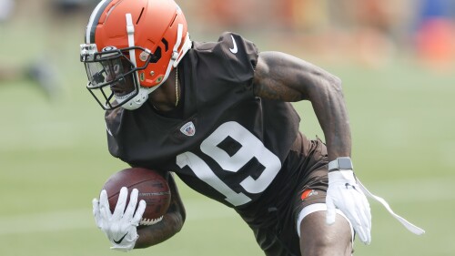 FILE - Cleveland Browns wide receiver Marquise Goodwin takes part in drills at the NFL football team's practice facility June 6, 2023, in Berea, Ohio. Goodwin will miss the start of his first training camp with Cleveland due to blood clots in his legs and lungs. (AP Photo/Ron Schwane, File)