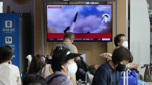 A TV screen shows an image of North Korea's missile launch during a news program at the Seoul Railway Station in Seoul, South Korea, Wednesday, July 12, 2023. North Korea launched a ballistic missile toward its eastern waters Wednesday, its neighbors said, two days after the North threatened “shocking” consequences to protest what it called a provocative U.S. reconnaissance activity near its territory.(AP Photo/Ahn Young-joon)