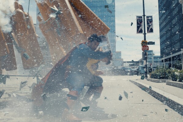 This image released by Warner Bros.Pictures shows David Corenswet in a scene from "Superman." (Warner Bros. Pictures via AP)