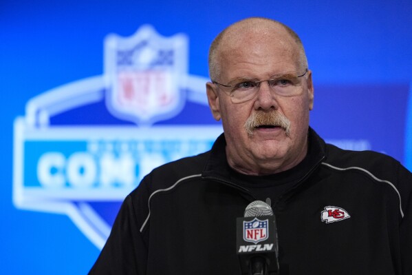 Kansas City Chiefs head coach Andy Reid speaks during a press conference at the NFL football scouting combine in Indianapolis, Tuesday, Feb. 27, 2024. (AP Photo/Michael Conroy)