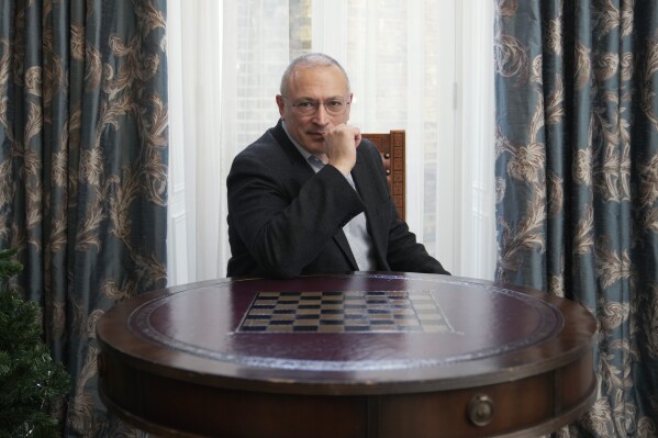Exiled Russian businessman and opposition figure Mikhail Khodorkovsky, poses during an interview in London, Tuesday, Jan. 16, 2024. Khodorkovsky, who now lives in London, is one of several Russian opposition politicians trying to build a coalition with grassroots anti-war groups across the world and exiled Russian opposition figures. They include Russian chess legend Garry Kasparov, Mikhail Kasyanov, a former Russian prime minister and Vladimir Kara-Murza Jr. who is currently serving a 25 year prison sentence in Russia for treason after criticizing Russia’s war in Ukraine. (AP Photo/Kin Cheung)