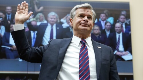 FBI Director Christopher Wray is sworn in before testifying at a House Committee on the Judiciary oversight hearing, Wednesday, July 12, 2023, on Capitol Hill in Washington. (AP Photo/Patrick Semansky)