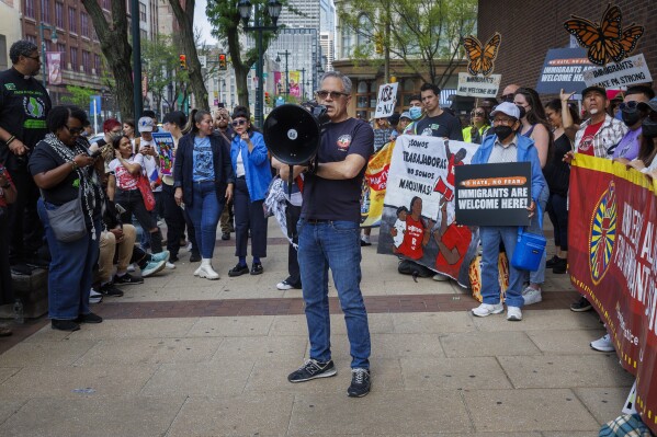 Philadelphia District Attorney Larry Krasner speaks at the rally in front of U.S. Federal Courthouse as immigrant rights groups rally outside the Third Circuit Court of Appeals to defend the N.J. state ban on immigration-detention contracts, Thursday, May 1, 2025, in Philadelphia. (Alejandro A. Alvarez/The Philadelphia Inquirer via AP)