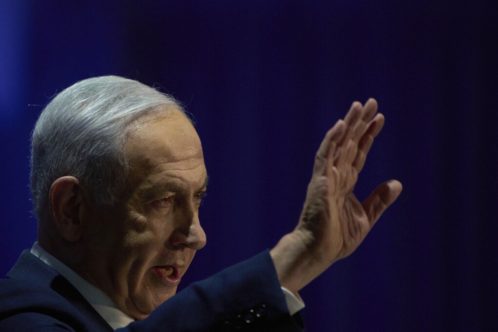 Israel's Prime Minister Benjamin Netanyahu delivers a speech during the International Conference on Combating Antisemitism in Jerusalem, Israel, Thursday, March 27, 2025. (AP Photo/Leo Correa)