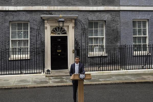 British Prime Minister Rishi Sunak delivers a speech at 10 Downing Street in London, Tuesday, Oct. 25, 2022. New British Prime Minister Rishi Sunak arrived at Downing Street Tuesday after returning from Buckingham Palace where he was invited to form a government by Britain's King Charles III. (AP Photo/Alastair Grant)