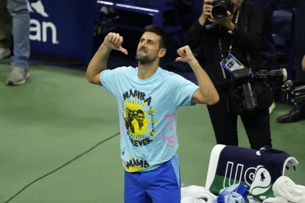 Novak Djokovic, of Serbia, reacts after defeating Daniil Medvedev, of Russia, in the men's singles final of the U.S. Open tennis championships, Sunday, Sept. 10, 2023, in New York. (AP Photo/Mary Altaffer)