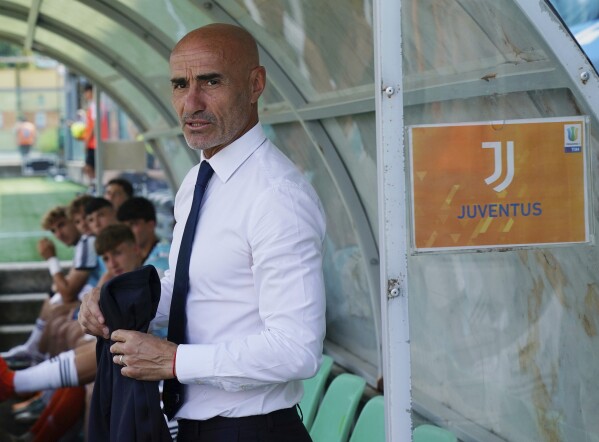 Paolo Montero stands by the bench in Sassuolo, Italy, on June 2, 2023. Juventus Under-19 coach Paolo Montero will take charge of the senior team for the final two matches of the season after Massimiliano Allegri was fired last week. The 52-year-old Montero has never coached a Serie A team and will take charge of his first training session on Sunday before the team plays at Bologna the following day. (Spada/LaPresse via AP)