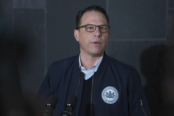 Governor Josh Shapiro speaks during a news conference regarding the shooting at UPMC Memorial Hospital in York, Pa. on Saturday, Feb. 22, 2025. (AP Photo/Matt Rourke)